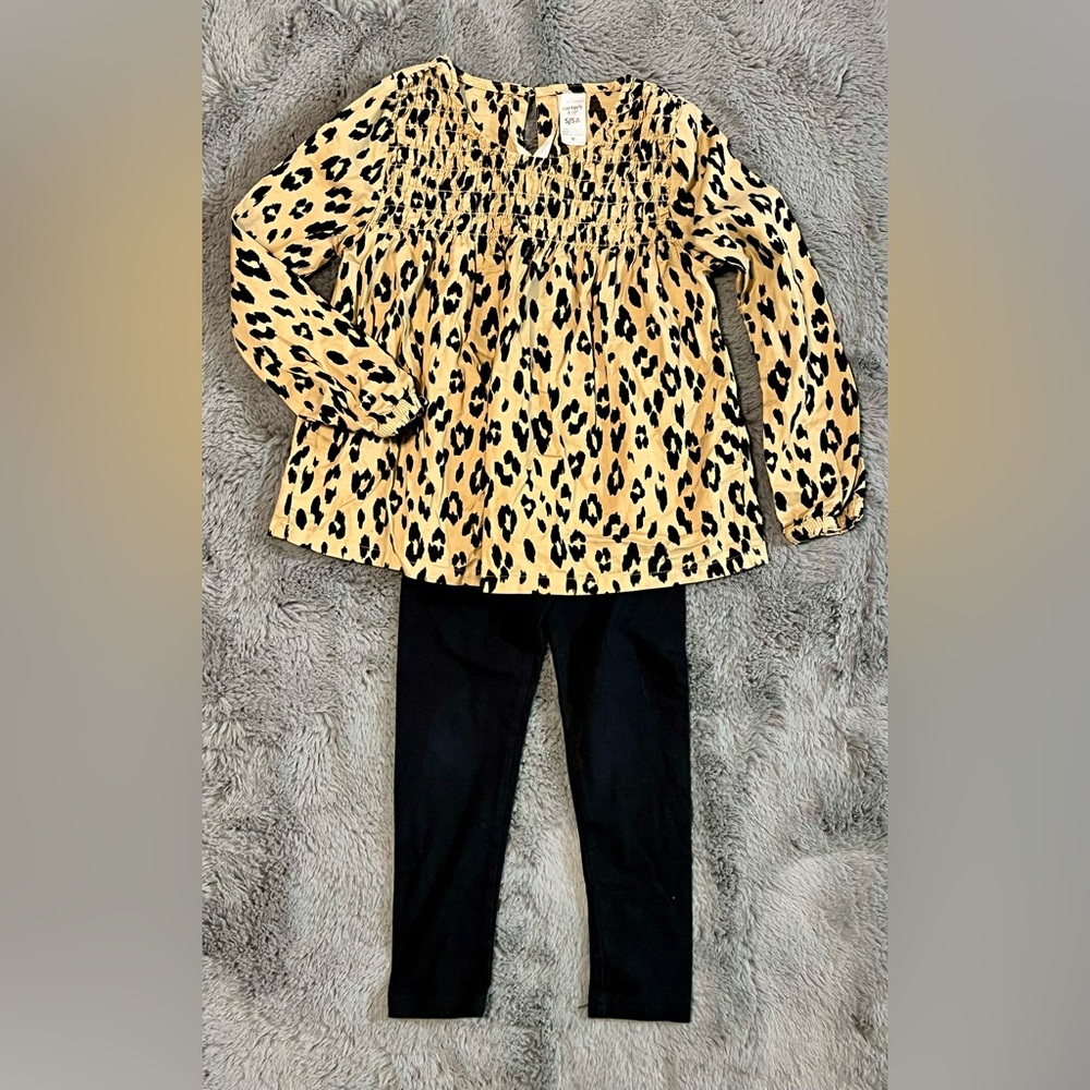 Carter’s Leopard Print Top and Black Leggings Set with Red Buffalo Plaid Tunic
